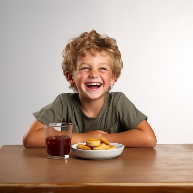 Один счастливый мальчик ест на столе.