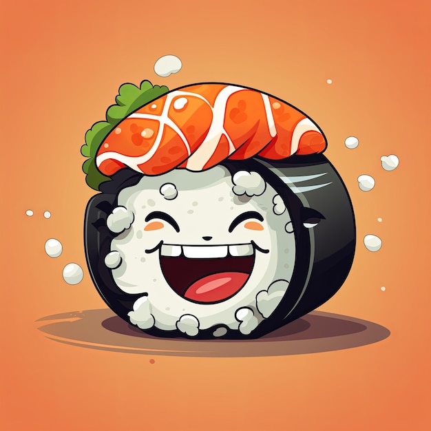 Photo one happy cartoon sushi on orange background