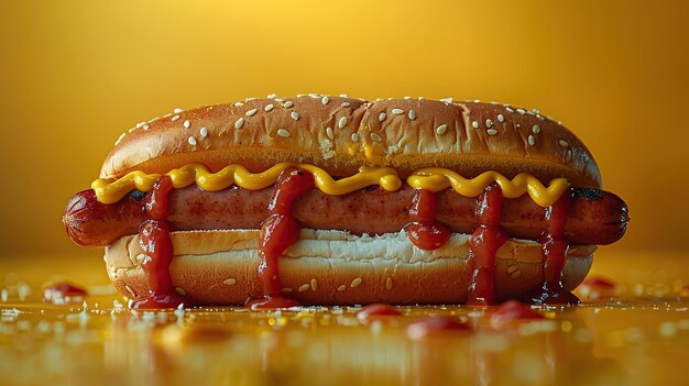 One Hot dog with mustard and ketchup closeup on minimalistic background