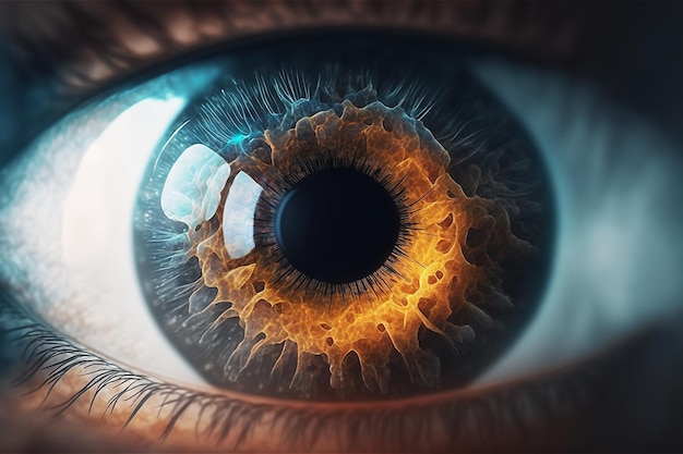 眼球のまつげと虹彩を持つ 1 つの人間のマクロの目の正面のクローズ アップ