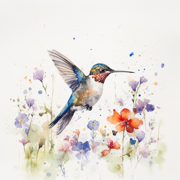 One hummingbird in a field of spring wildflowers watercolour blank white background generat ai