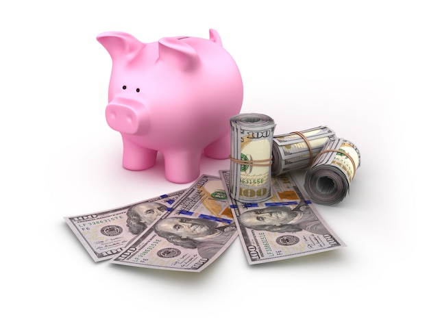 one hundred dollar bills with piggy bank
