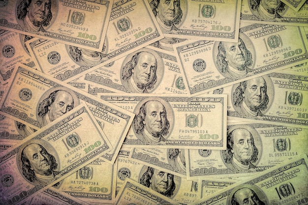 Сто долларов Вид сверху денежной массы Доллары США Банкноты фон Стодолларовые купюры