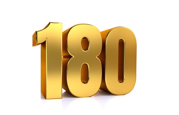 one hundred eighty 3d illustration golden number 180 on white background and copy space for text