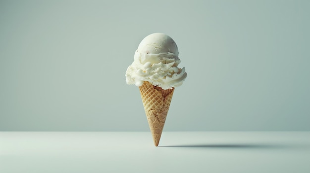 One ice cream cone with a single scoop of vanilla ice cream on a white background