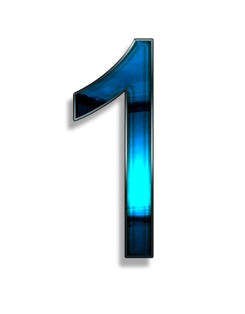 one, illustration of  number with blue chrome effects on white background