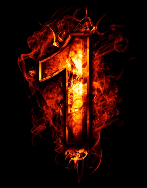 one, illustration of  number with chrome effects and red fire on black background