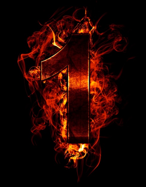 one, illustration of  number with chrome effects and red fire on black background