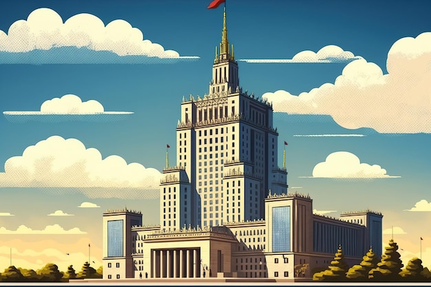 Photo one of the key emblems of polands warsaw skyline is the palace of culture and science clean style and a blue sky