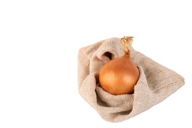 One large yellow onion in a husk in a linen bag white isolated background