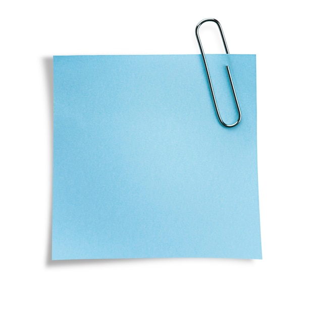 One light blue sticky note on a paper clip. isolated white wall