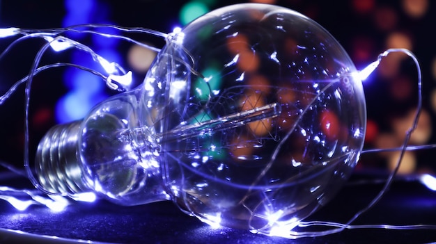 1つの電球は、背景にライトが付いた黒い背景にあります。創造的なアイデアのコンセプト。ちらつき電球とカラフルな背景。休日のコンセプト。元日とクリスマス。