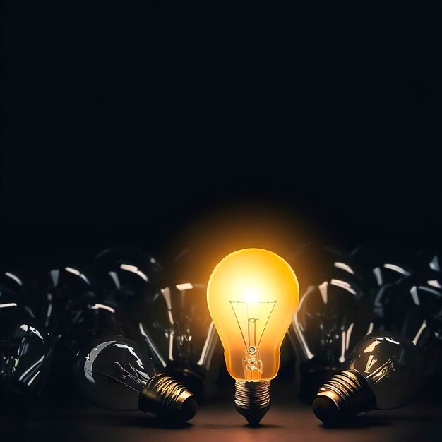 One of Lightbulb glowing among shutdown light bulb in dark area with copy space for creative thinking problem solving solution and outstanding concept