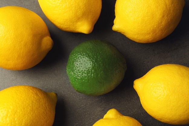 회색 배경에 있는 레몬 중 라임 한 개 차이 및 고유성 개념