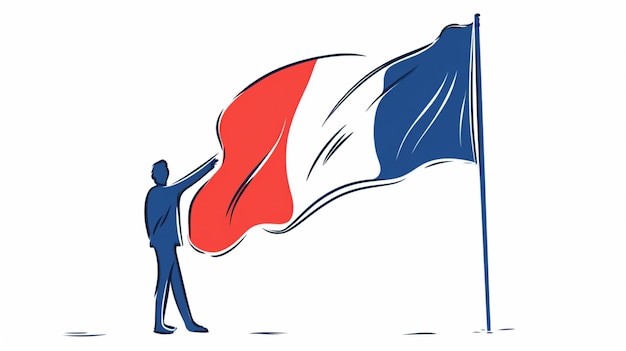 One line drawing of a person holding a flag France flag