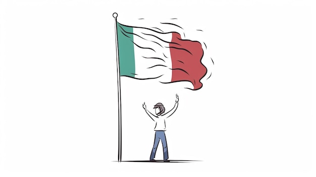 One line drawing of a person holding a flag Italy flag