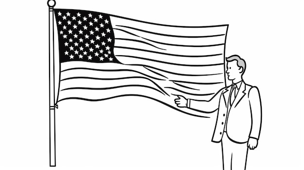 One line drawing of a person holding a flag USA flag