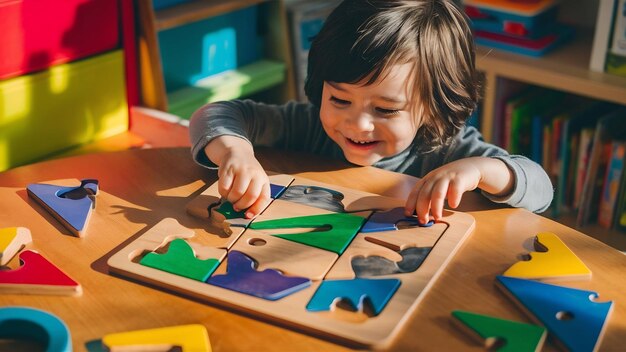 One little kids play with puzzle or tangram education