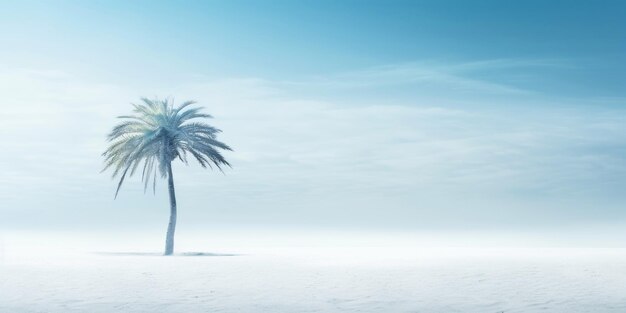 One lonely palm tree on a white beach Calm sae with mist Tranquil seashore landcsape Generative AI