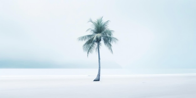 One lonely palm tree on a white beach Calm sae with mist Tranquil seashore landcsape Generative AI