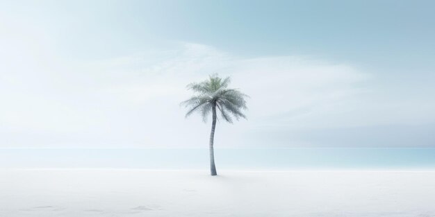 Одна одинокая пальма на белом пляже Спокойное море с туманом Спокойный береговый ландшафт Генеративный ИИ