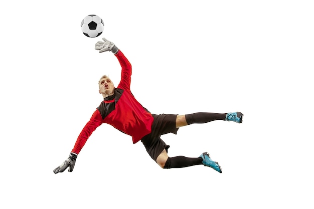 One male soccer player goalkeeper pointing away and screaming isolated on white background