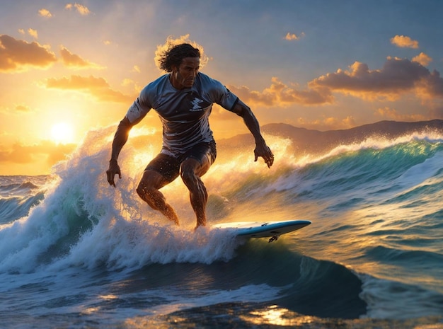 one male surfer catch waves in the sea at sunset in idyllic place beach