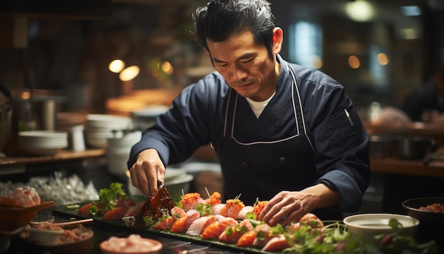 Foto un uomo che cucina prepara il cibo in modo esperto in una cucina commerciale generata dall'intelligenza artificiale