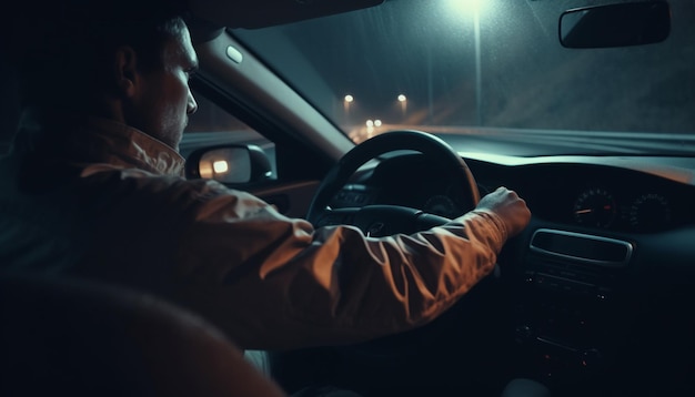 One man driving a car at night holding smart phone generated by AI