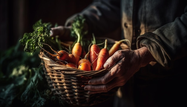 One man holding fresh organic vegetable harvest generated by AI