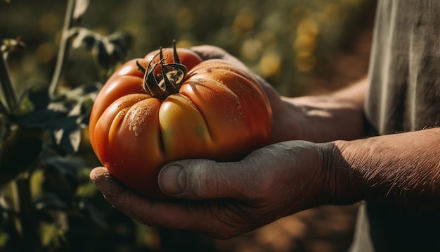 AI が生成した菜園で熟したトマトを持つ 1 人の男性