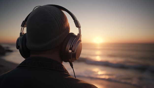 One man listening to headphones enjoying the sunset outdoors generated by artificial intelligence