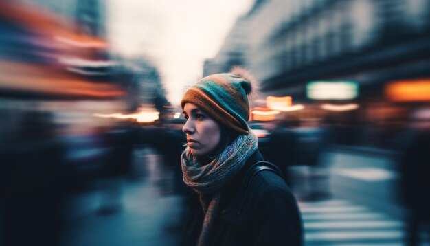 写真 ai によって生成された秋の夕暮れを歩くラッシュアワーの交通渋滞の男性 1 人