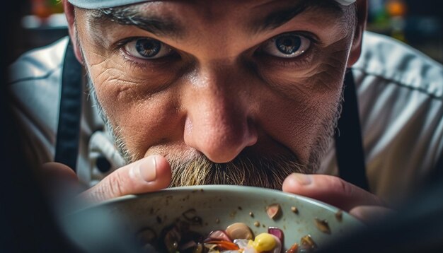 Foto un uomo che sorride mentre mangia cibo all'aperto felicemente generato dall'intelligenza artificiale