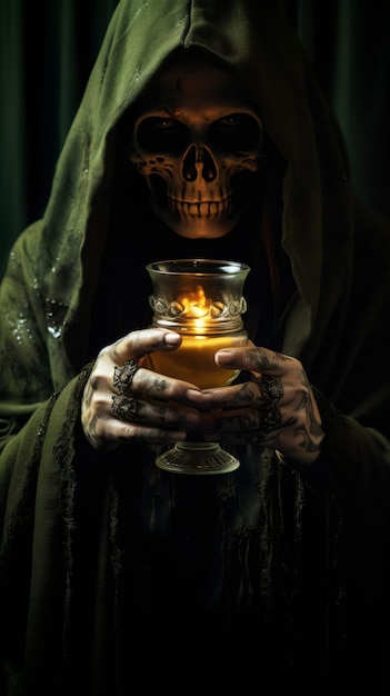 One man sorcerer in a skeleton mask a green robe with a hood holds in his hands