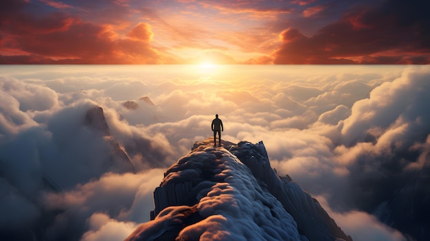 One man standing on mountain peak over the clouds