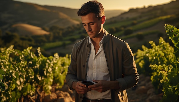 One man standing in vineyard holding phone enjoying sunset generated by artificial intelligence