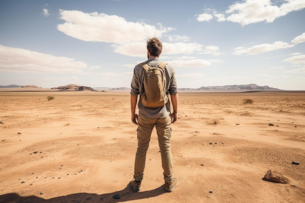 One man stands alone in the vast expanse of a desert surrounded by nothing but endless sand male tourist standing in front of a sandy desert full body ai generated