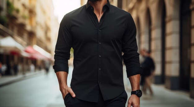 one man wearing a black shirt walking in a city