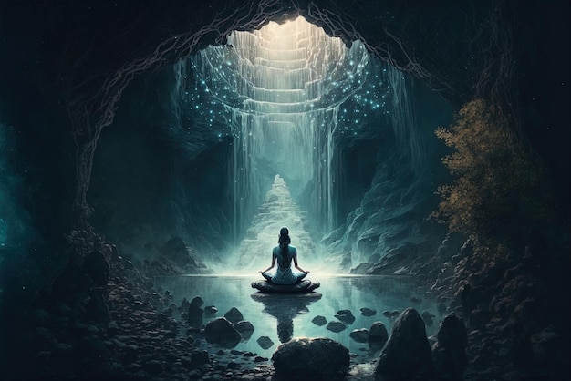 One may see a lady sitting in lotus position beneath a waterfall meditating