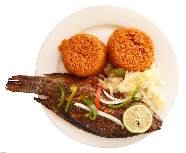 One of most popular food in Ghana, Jollof rice, serve with fish