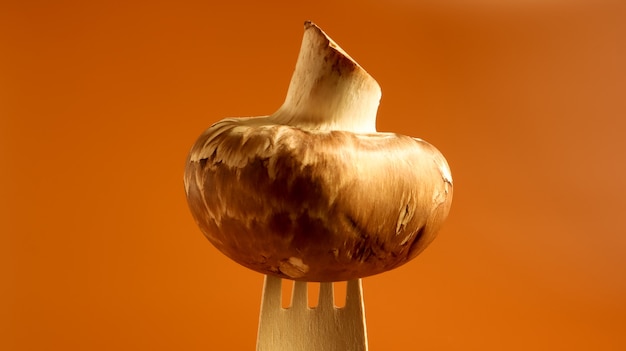 One mushroom on a wooden fork on a yellow background. Royal large double-leaf brown unpeeled champignon. A juicy mushroom that is stuck at the end of a fork.