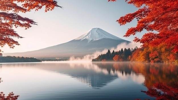 One of the nicest sites in Japan is at Lake Kawaguchiko with Mountain Fuji in the early fog and the scarlet leaves