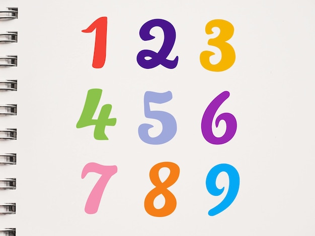 1から9のカラフルな数字をノートに
