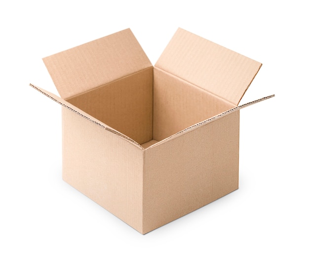 One open cardboard box. side view. isolated on white surface