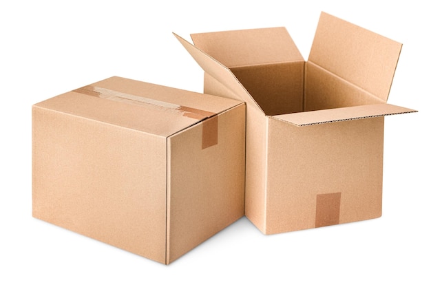 One open and one closed cardboard box on isolated white background front view