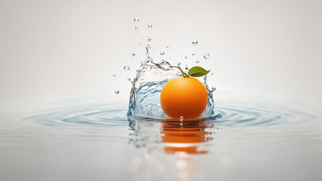 один апельсин упал на поверхность воды, изолированный на белом фоне