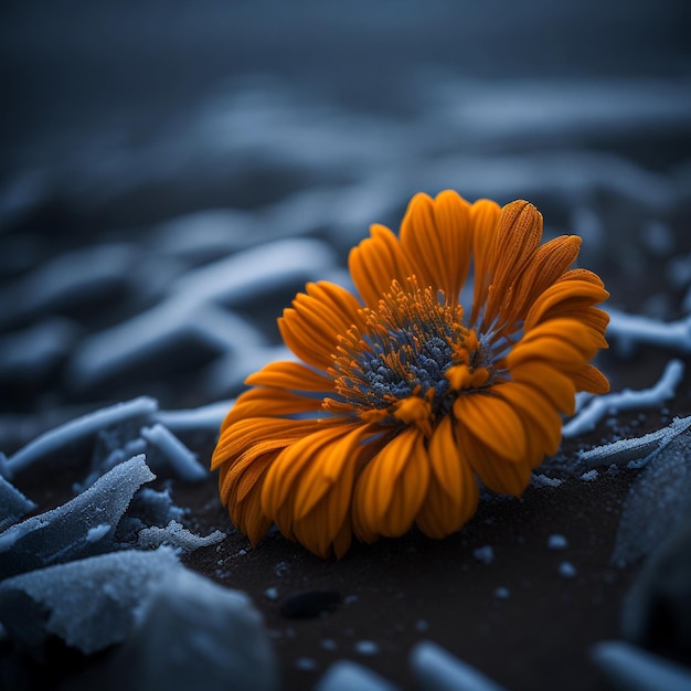 One orange flower growing from frozen tundra low lighting