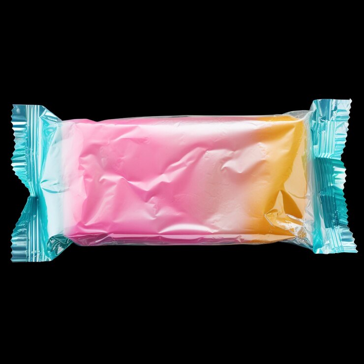 Photo 平らな背景のプラスチック製のキャンディー1パック