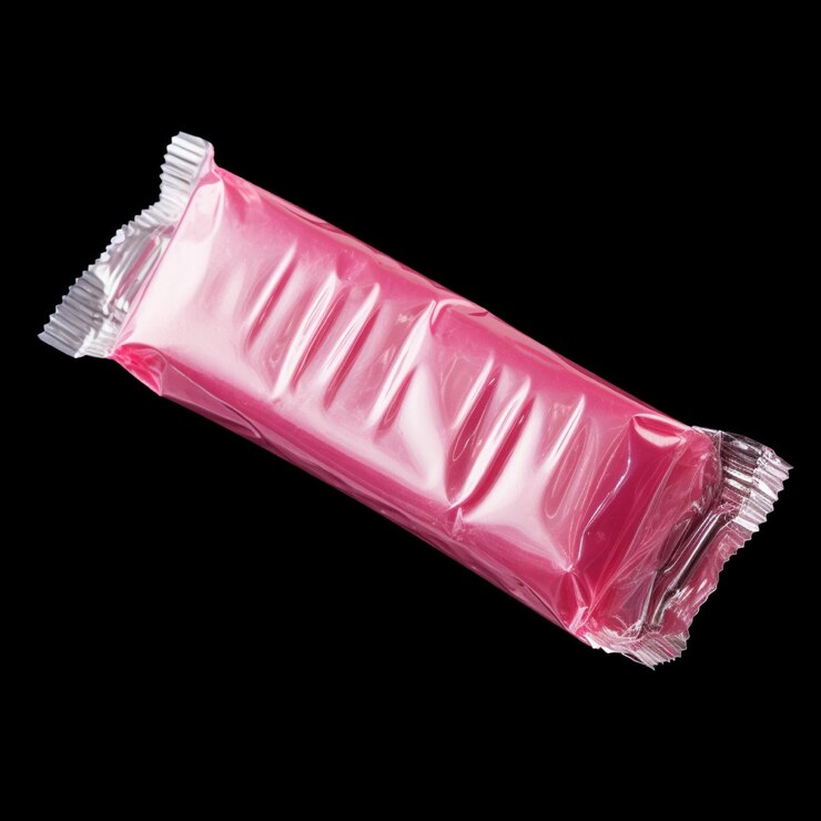Photo 平らな背景のプラスチック製のキャンディー1パック